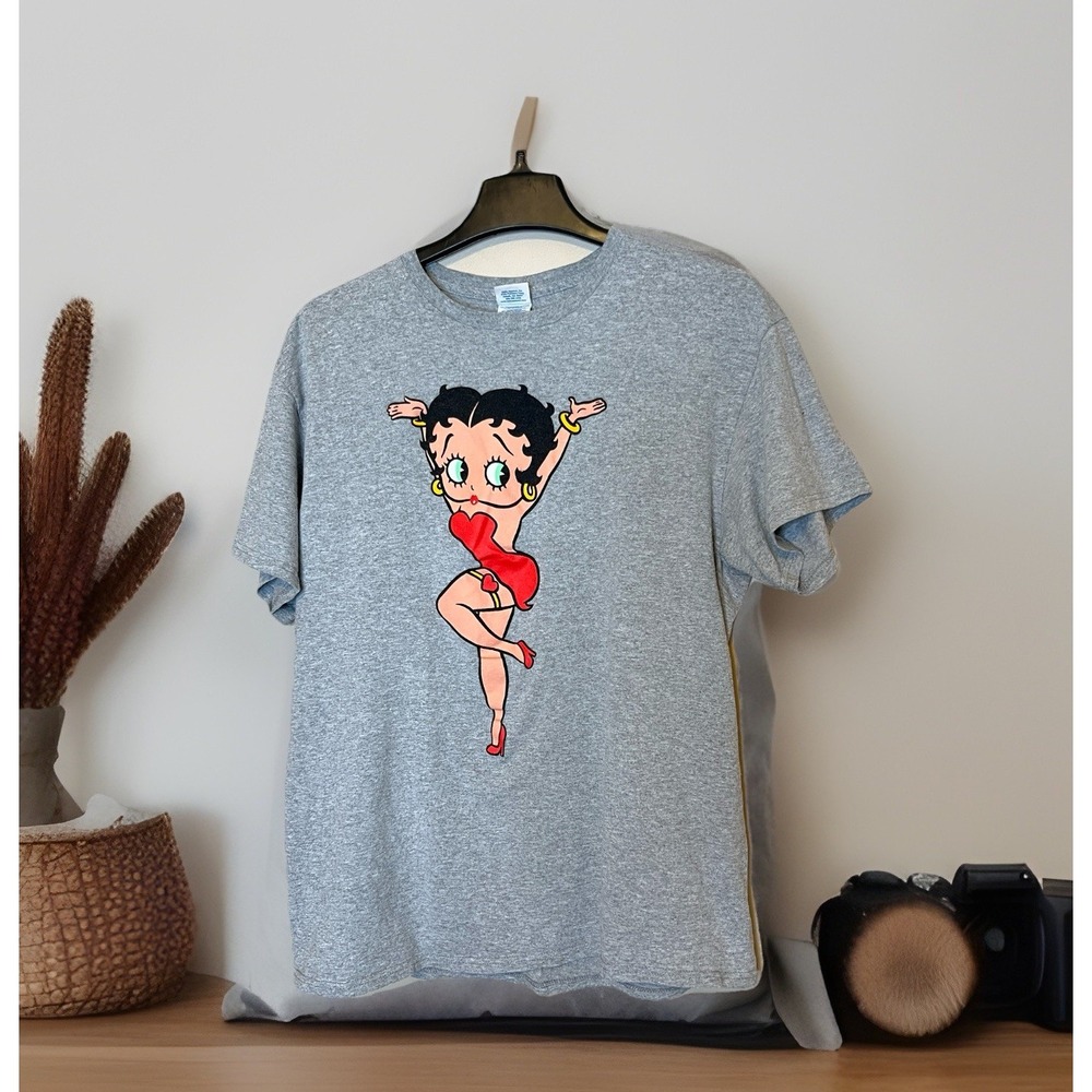 Vtg Y2K  Betty Boop Size Large Unisex T-shirt Red Dress Grapic Gray Tee GUC!‎